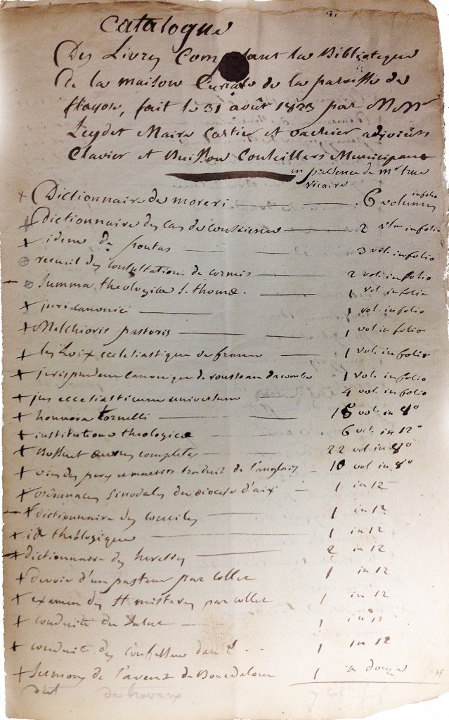Inventaire de la bibliothèque du presbytère 31-08-1823