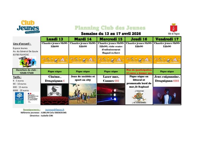 Planning ados premiere semaine avril